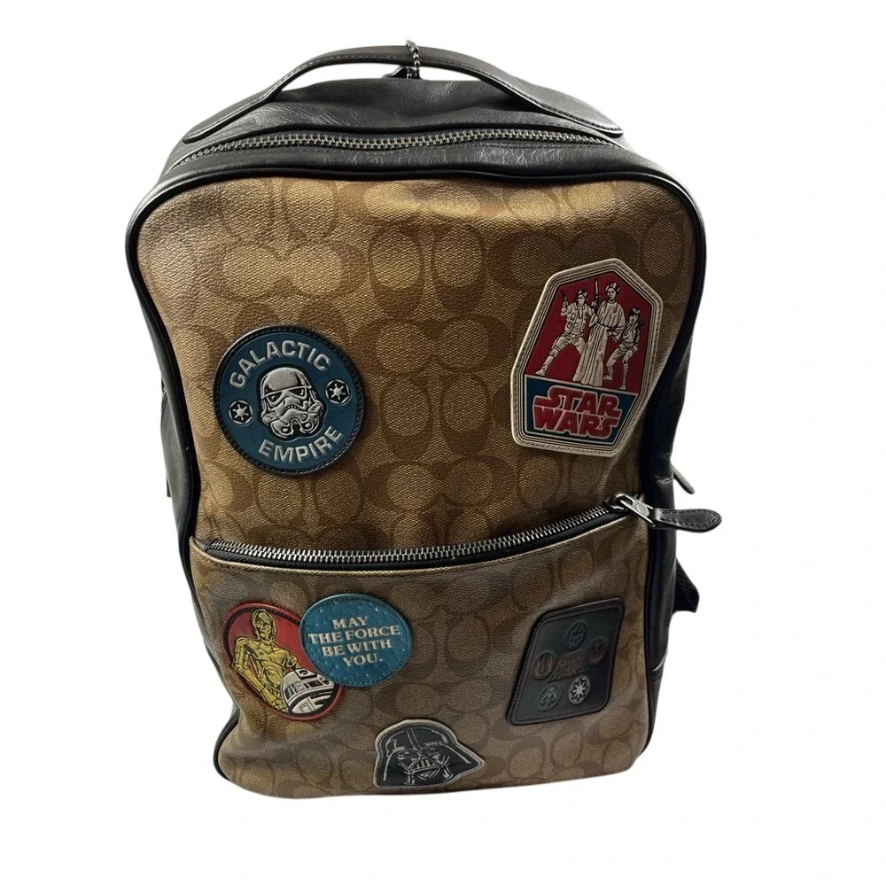 Coach Brown Signature Canvas Star Wars Patch Backpack with Black Trim